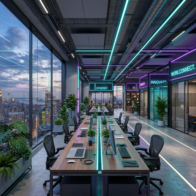 Futuristic co-working space interior with long communal desks, ergonomic chairs, neon accent lighting in teal and purple, floor-to-ceiling glass walls showing a skyline at dusk, no people
